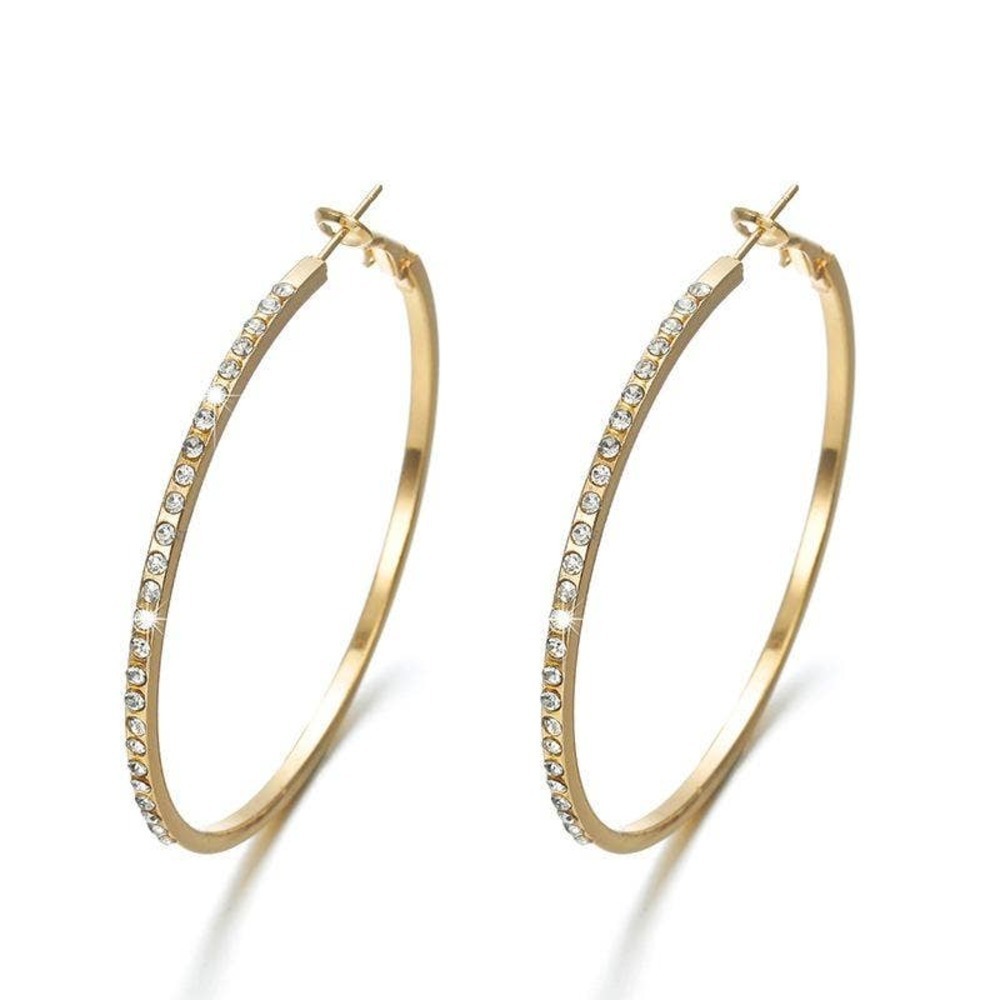 Large Alloy Ring Earrings Encrusted with Simple Fashion Diamond Enlaid